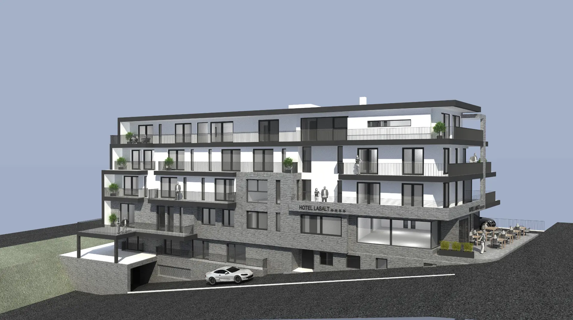 Visualisierung Hotel Lasalt Ischgl – Außenansicht mit Terrasse