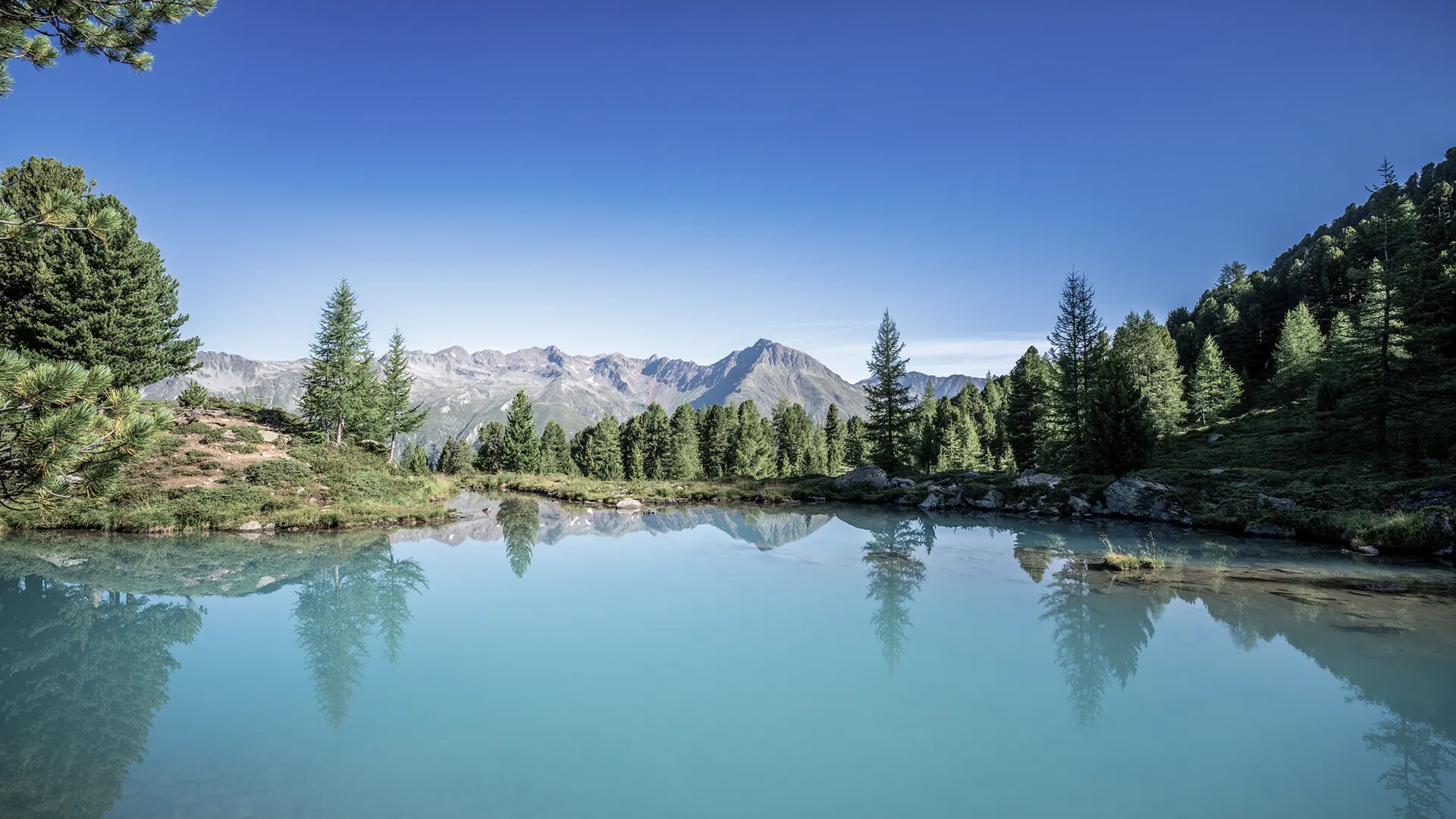 Bergsee mit Zirbenwald und Bergpanorama in Ischgl