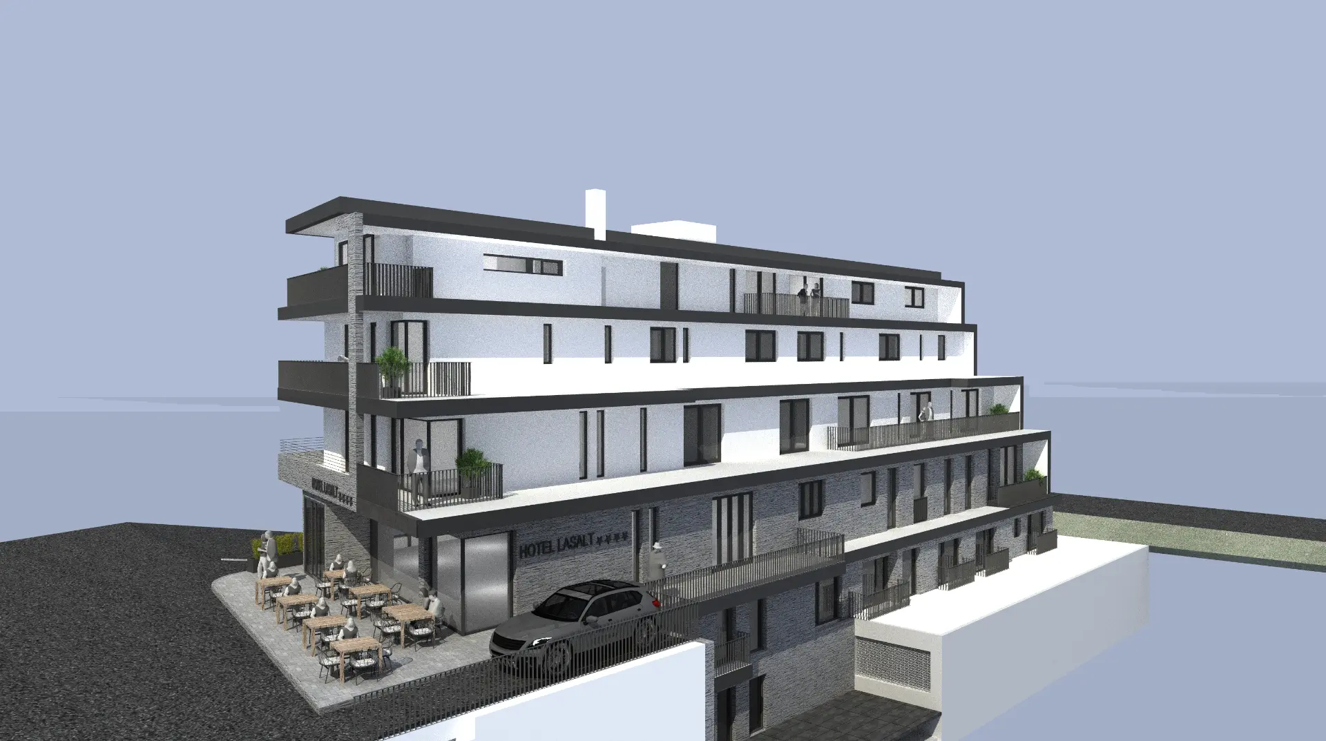 Visualisierung des neuen Hotel Lasalt im Winter